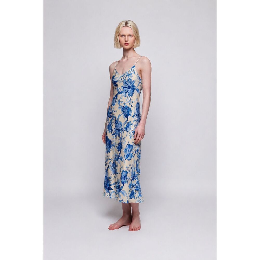Mirto 1956 Blue Floral Satin Slip Dress NWT Made in Spain Size L $290